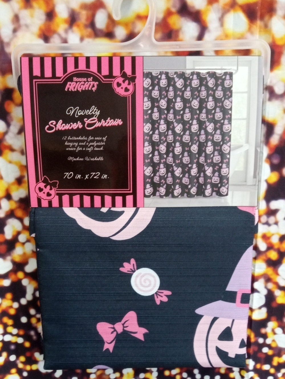 👻🍒 House of Frights Pink & Black Halloween Novelty Shower Curtain